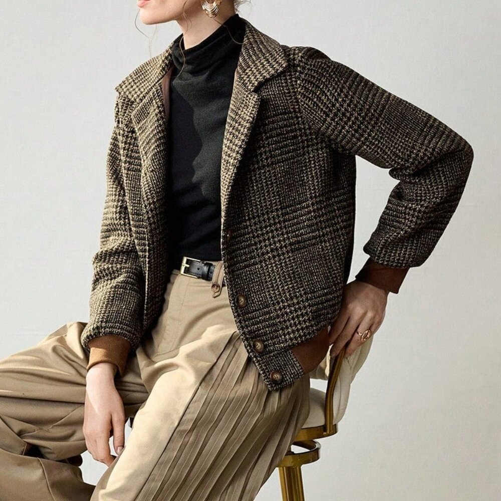 Brown Elegant Women's Plaid Woven Turndown Collar Sleeve Buttoned Jacket